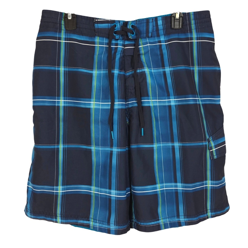 Speedo Plaid Board‎ Shorts Mens Large Blue Navy Brief Mesh Lined Swim Trunks